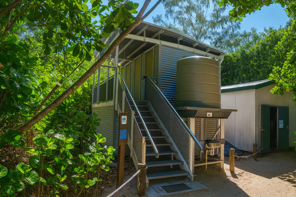 Low Isles toilet facility with four cubicles and a water tank on a stand; composting toilets located beneath the building.