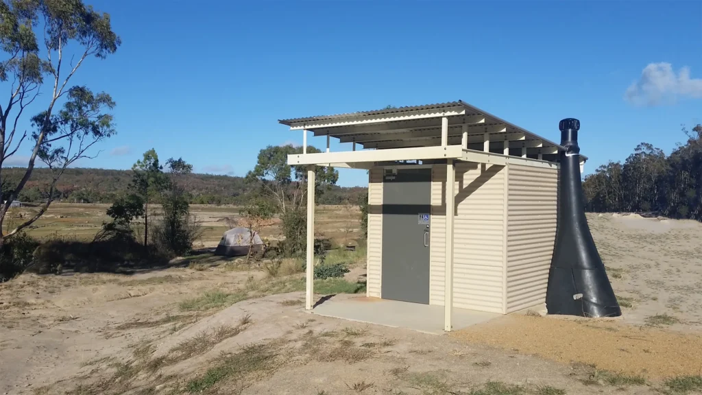 Accessible cubicle at Foxbar Falls with level, step-free entry and a desiccating dry toilet system.