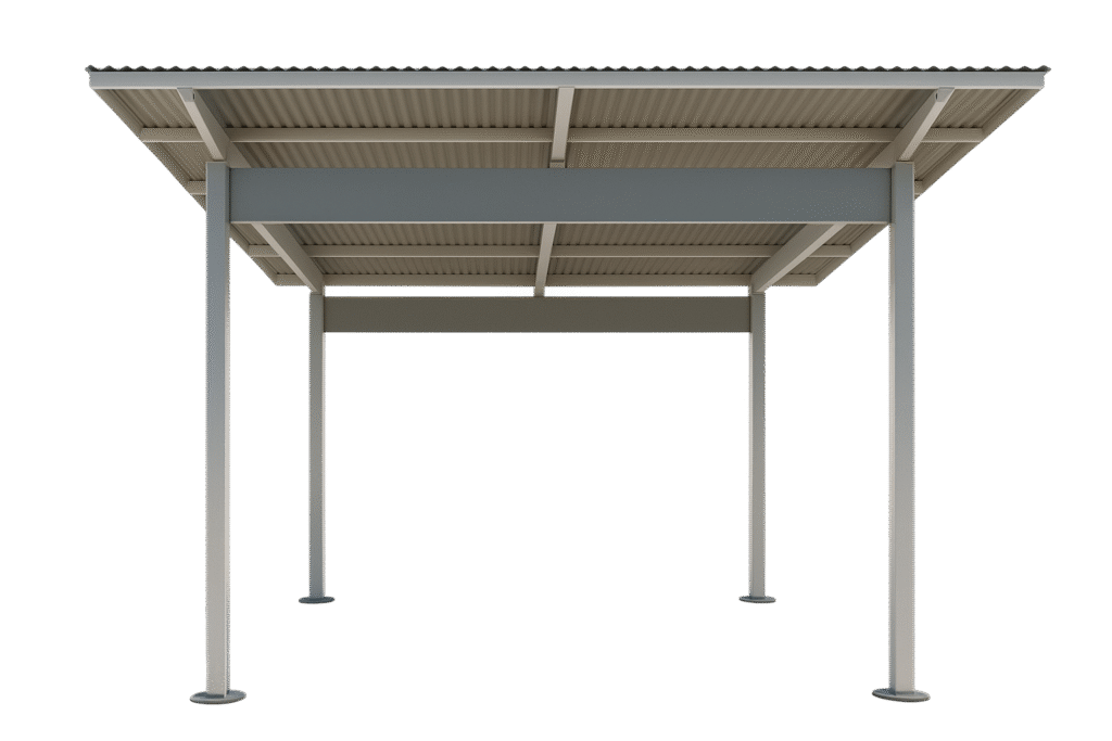 3D render of a standalone shade structure with open sides and a simple roof canopy.