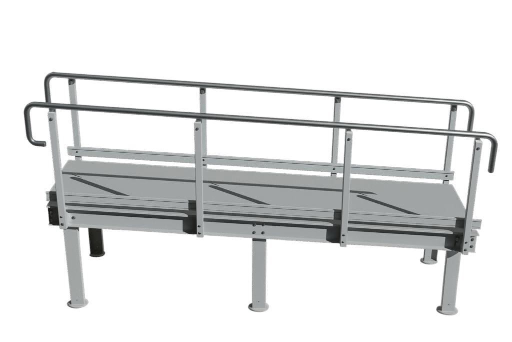 3D render of a standalone accessibility ramp with step-free surface and edge kerbs.