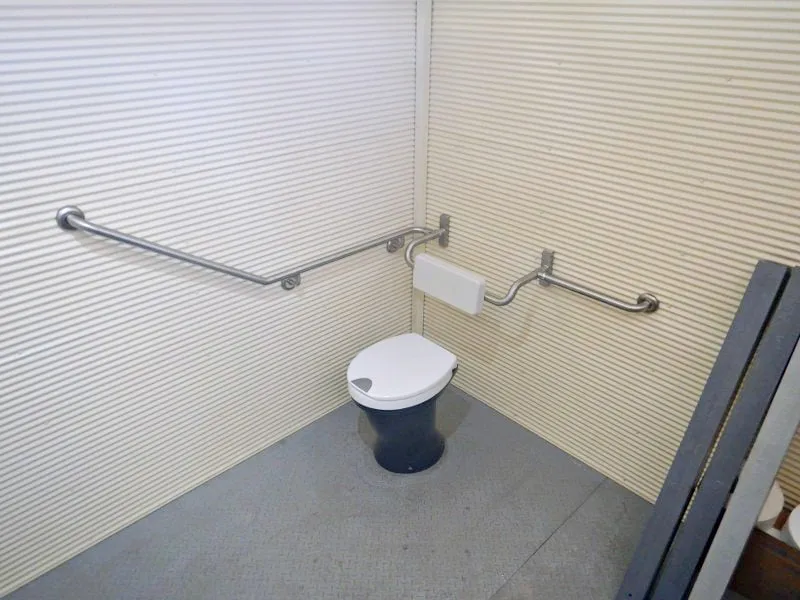 Interior of accessible cubicle with wall lining, polymarble black pedestal, accessible toilet seat, and dual handrails.