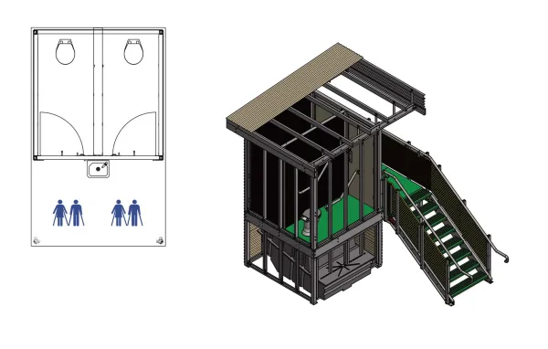 Floor diagram of NZ twin cubicle ambulant toilet layout with grabrails and outward-swing doors, plus 3D view of the amenity building.