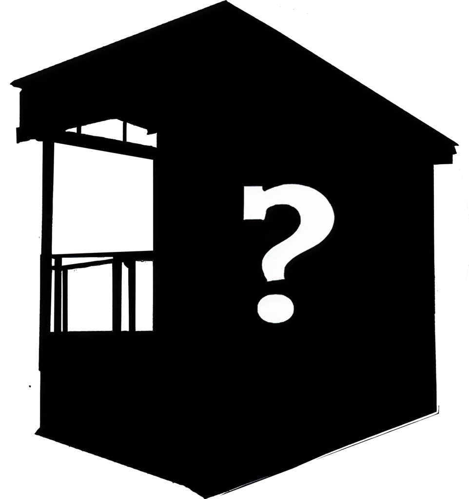 Black silhouette of a building with a large question mark over it—symbolising a customisable toilet design option.