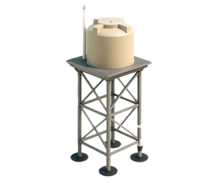 3D render of a standalone tank stand with platform and cross-bracing for an elevated water tank.