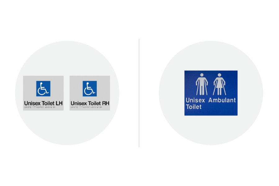 Side-by-side signs for accessible (wheelchair) toilet and ambulant toilet used in New Zealand facilities.