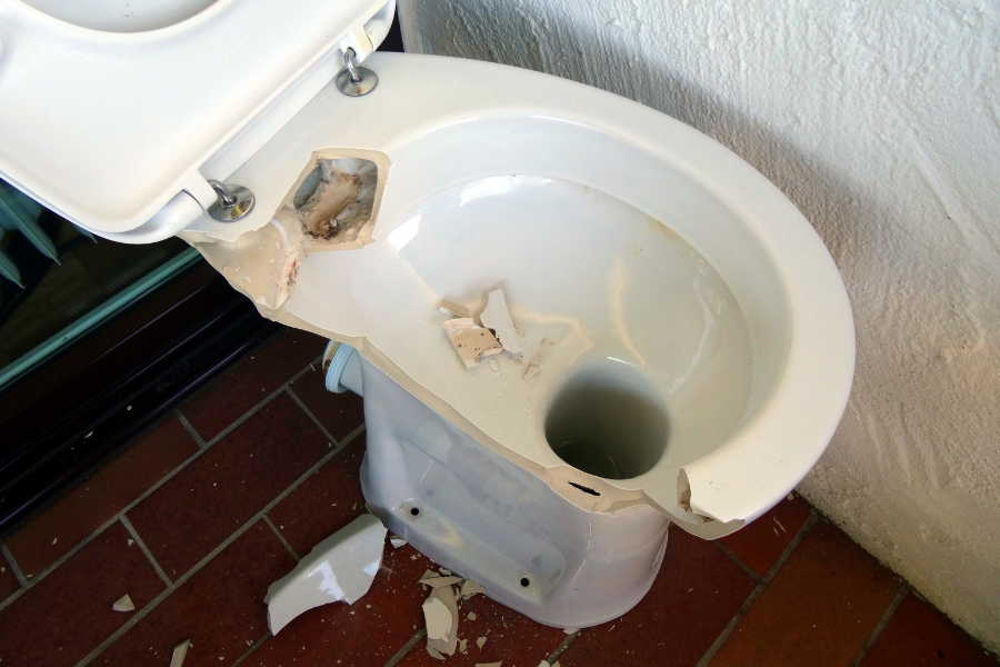 Smashed porcelain toilet bowl in a vandalised cubicle—example of failure in standard public fixtures.